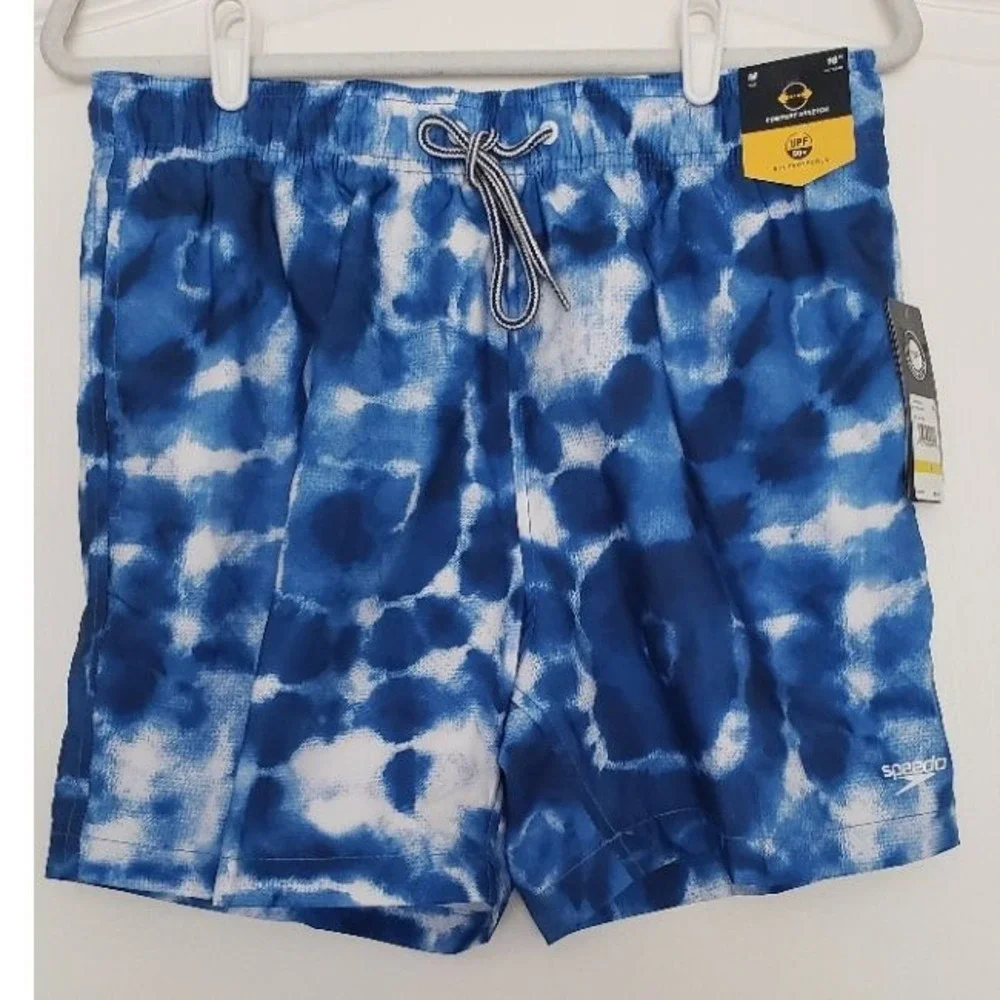 Speedo Mens Blue White Tie Dye Swim Trunks Comfort Stretch UPF 50+ Sz M NWT